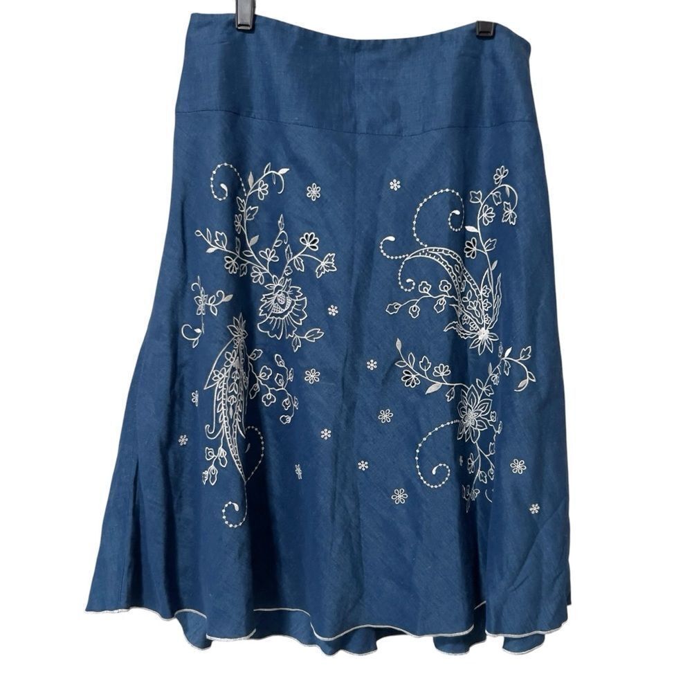 Nine & Company Women Chambray Floral Embroidered Linen Blend Western‎ Skirt Sz 6